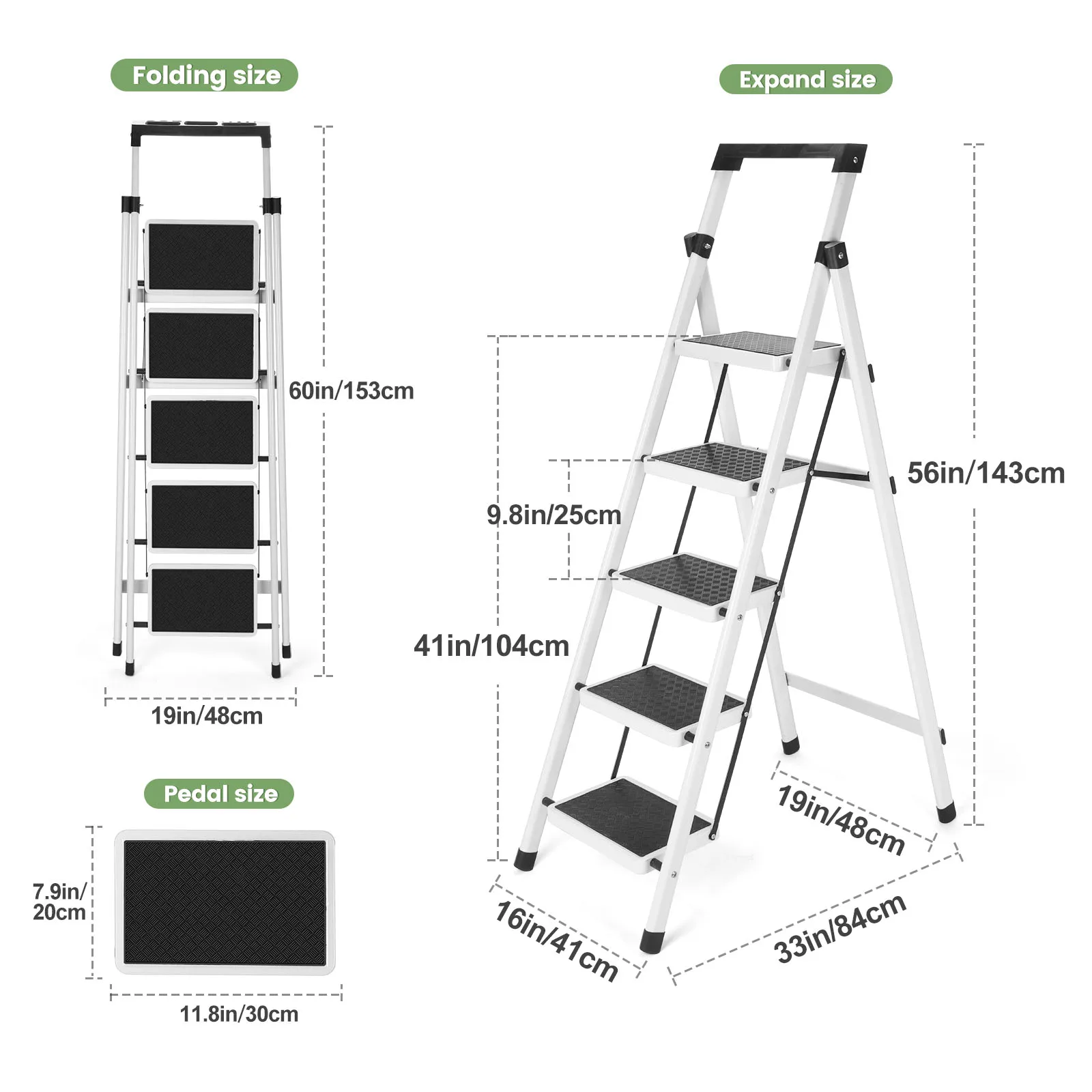 سلم متدرج، مقعد قابل للطي، مقعد سلم عالي التحمل مع دواسة واسعة ودرابزين، سلم متدرج مضاد للانزلاق مع قبضة يد #5