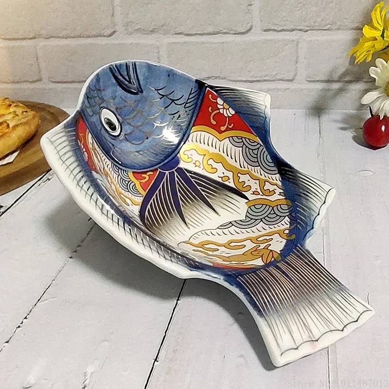 Japanese 9.5inch fish plate, ceramic creative hand-painted household restaurant tableware sashimi dessert fish-shaped plate, 1Pc