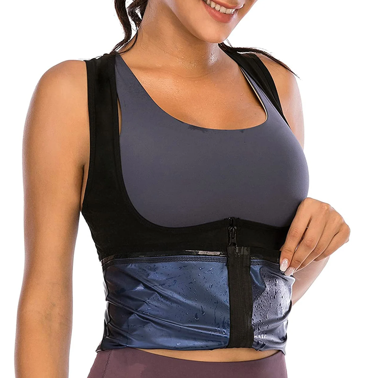 1 PC ซาวน่าเสื้อกั๊กความร้อนเหงื่อ Tank Top Breathable เอวเทรนเนอร์ซิปกีฬารัดตัวสําหรับหญิง