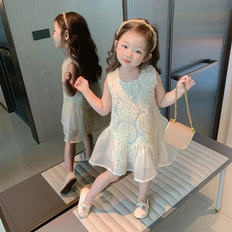 Summer Elegant Fashion Harajuku Slim Fit Children Clothes Loose Casual All Match Princess Dress Solid O Neck Sleeveless Dresses