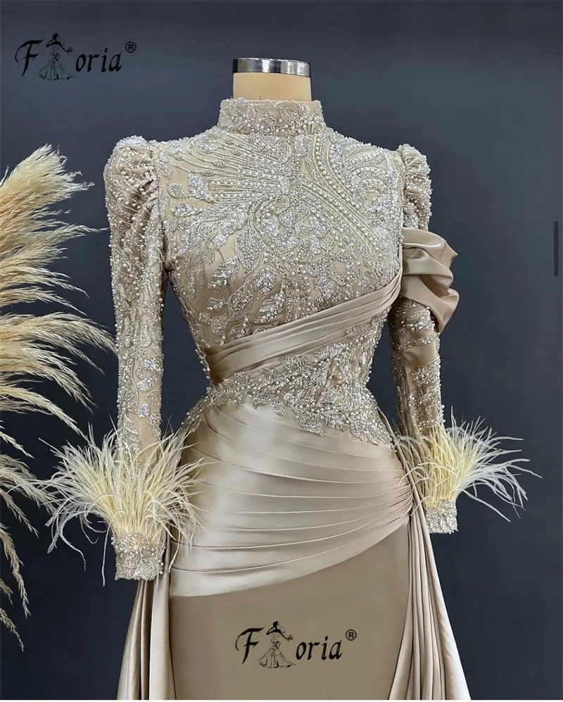 Aso Ebi Women Long Sleeves Beaded Evening Dress Detachable Train 3D Lace Appliques Muslim Dubai Champagne Wedding Party Gowns