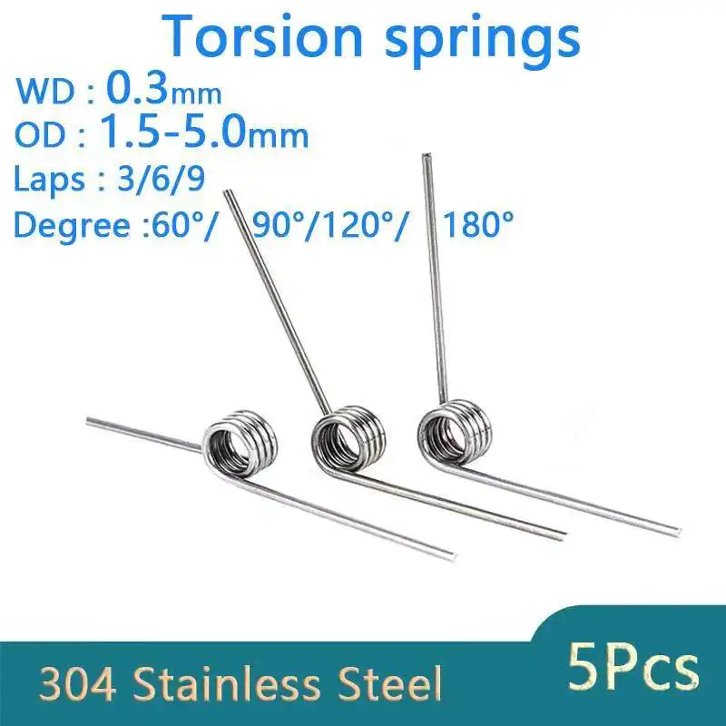 

Wire Diameter 0.3mm 304 Stainless Steel V-Shaped Helical Torsion Spring , OD : 1.5-5mm , Angle 60 90 120 180 Degrees 5 Pieces