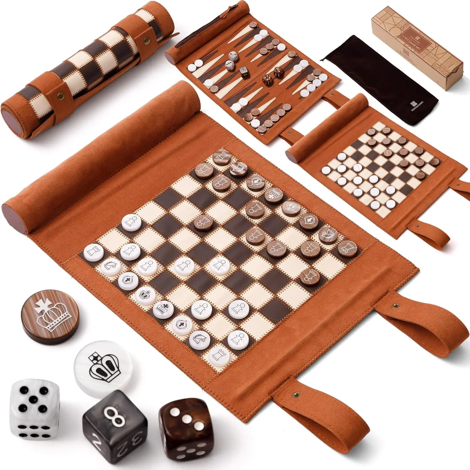 

3-in-1 Travel Chess Backgammon Checkers Set, Roll-up Leather, 32 Pearl Pieces, 5 Dices, Portable 13x10 Inch