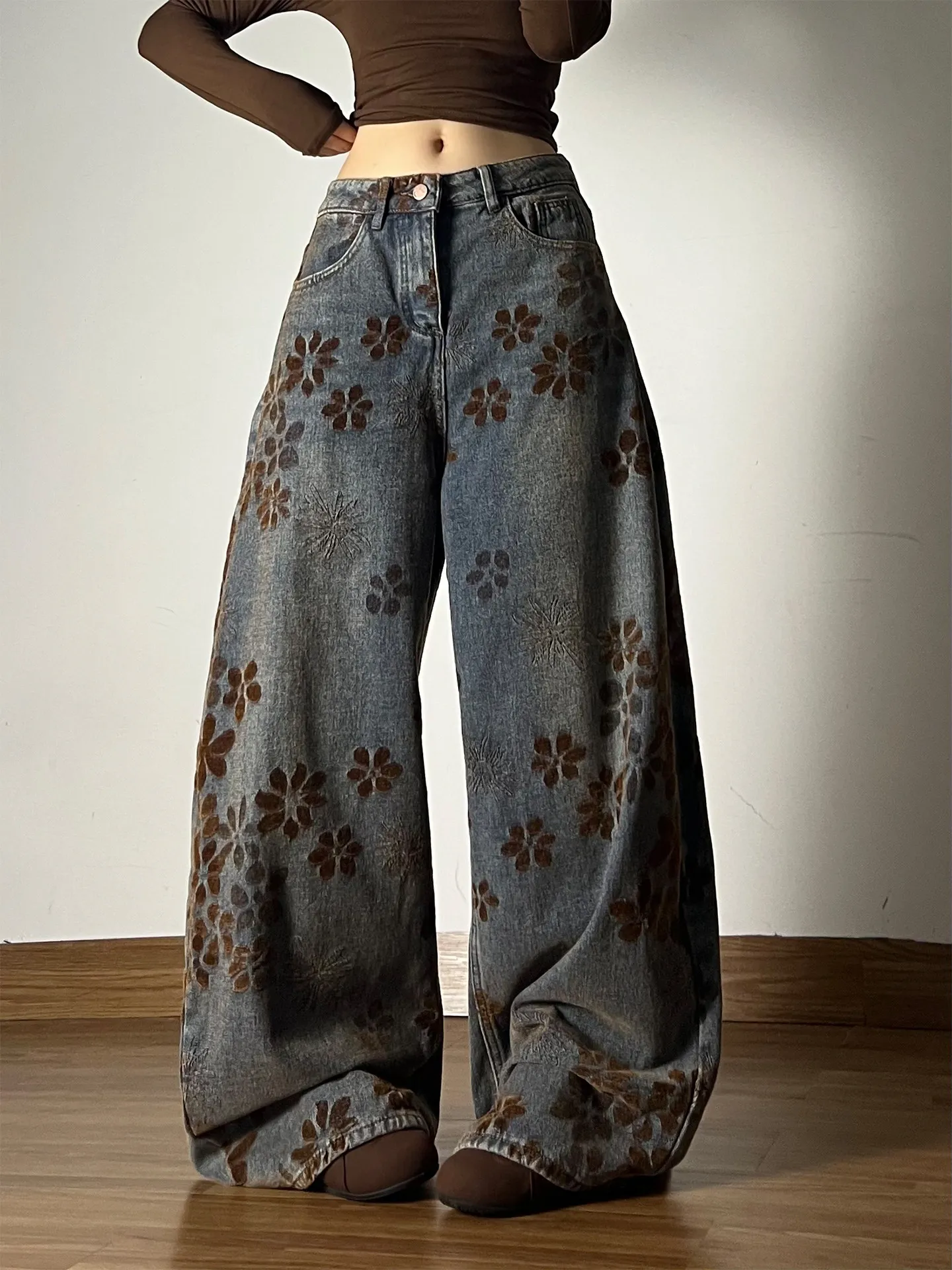 

American Style Wide Leg Jeans For Women Autumn Winter High Waist Jacquard Curved Knife Denim Pants Vintage Casual Loose Trousers