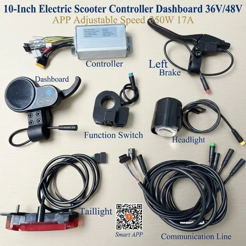 

10-Inch Electric Scooter Controller Dashboard 36V/48V Multifunctional with Turn Signals Full Set APP Adjustable Speed 350W 17A