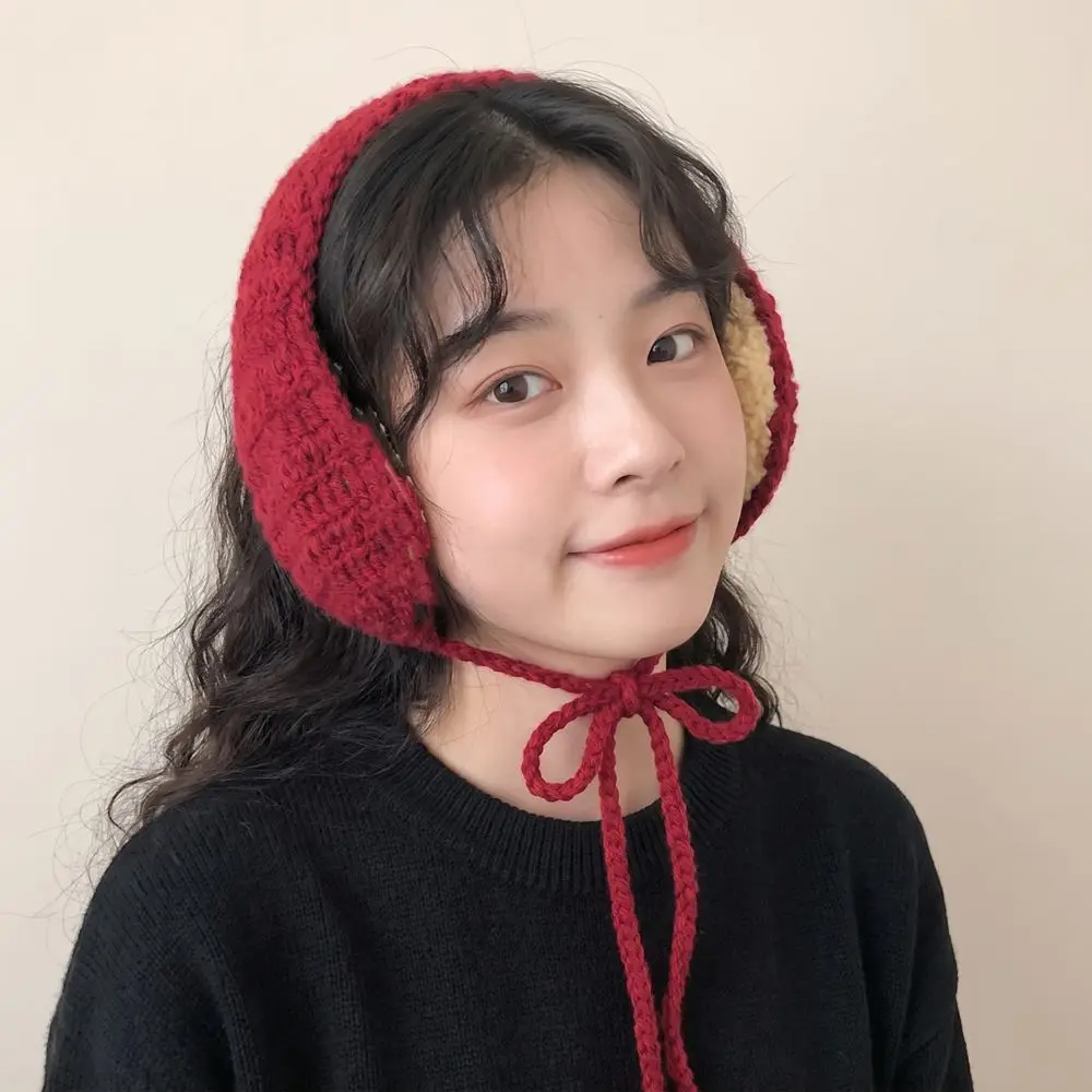 Portable Windproof Winter Lace Up Earmuffs Y2k Headband Women Plush Ear Cover Wool Foldable Warm Knitted Scarf Daily
