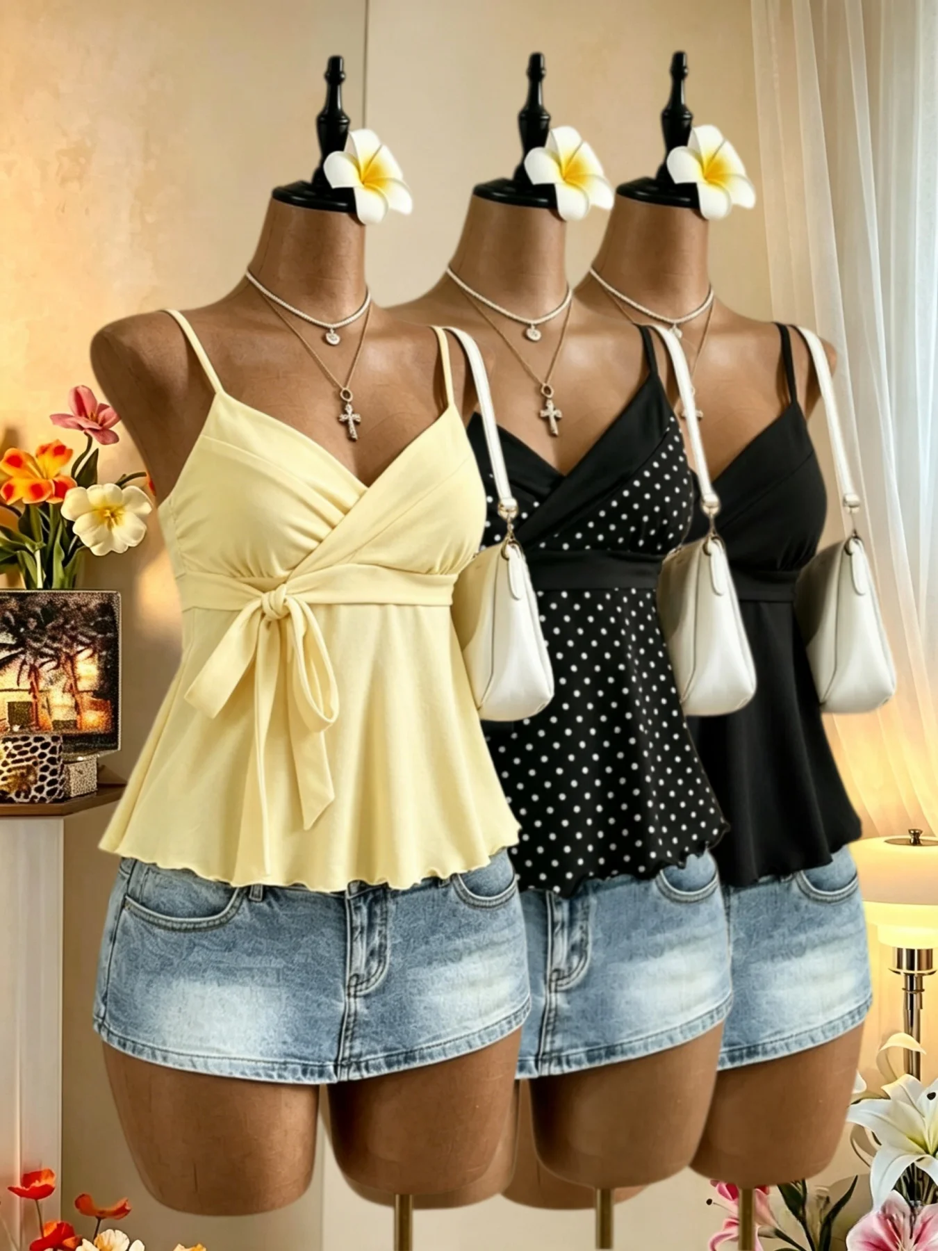 Women 3‑Pack Spaghetti Strap Cami Top V‑Neck Surplice Wrap Side Tie Bow Knot Peplum Flared Hem Sleeveless Casual Summer Y2K Mult
