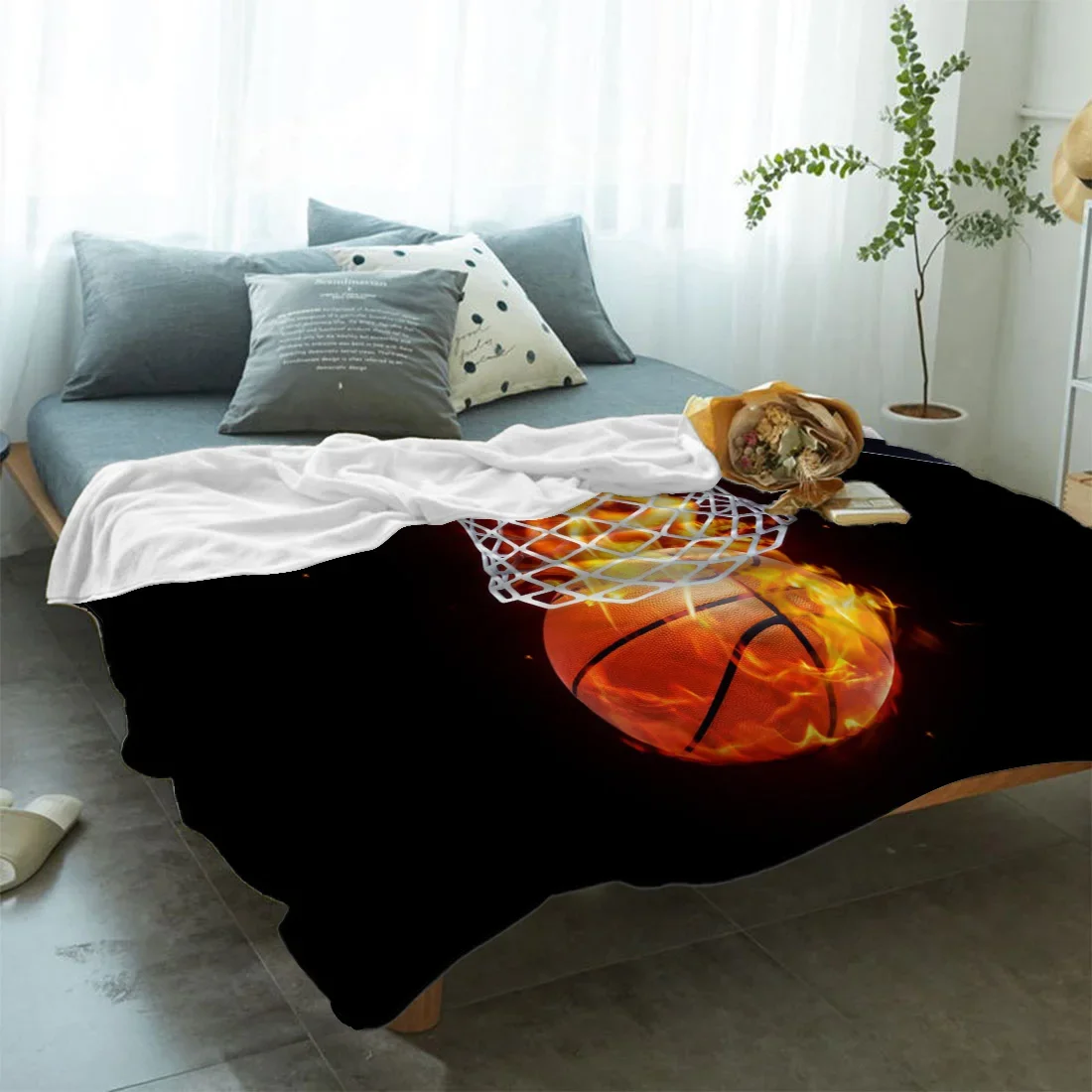 Fleece Throw Bed Blanket Lightweight Super Soft Cozy Flame Basketball Ball Box Sports Art Blanket Gift for Adults Kids Queen