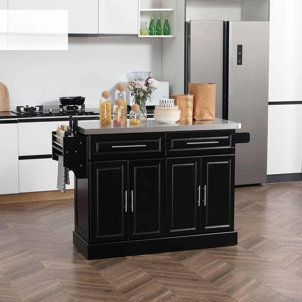 

Rolling Kitchen Island Cart with Wheels, Portable Island Table for Kitchen with Stainless Steel Top, Adjustable Shelves, 2 Draw