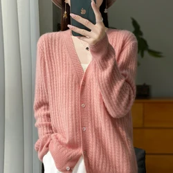 Cárdigan de Cachemira de lana 100% con cuello en V para mujer, suéter de punto para mujer, camisa de manga larga súper suave, suelta, talla grande, primavera y otoño