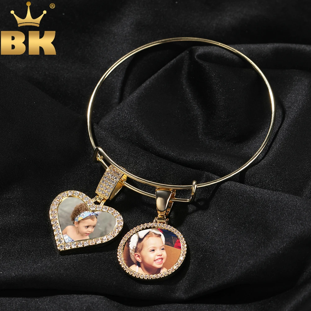 

THE BLING KING DIY Mini Heart Round Photo Memory Bracelet Stainless Steel Cuff Bangle Iced Out Cubic Zircon Family Lover's Gift