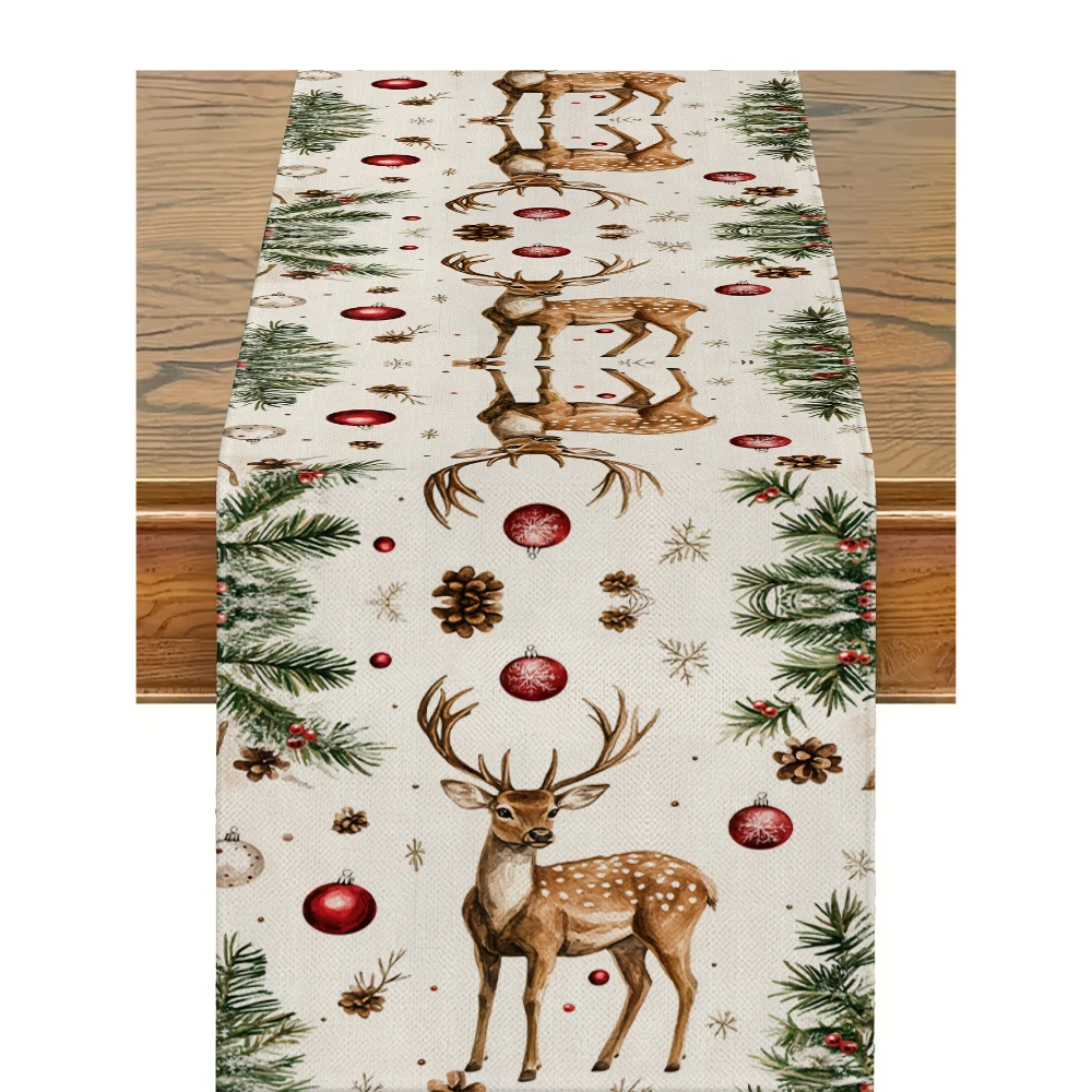 Christmas Reindeer Pinecone Linen Table Runner Party Decor Winter Xmas Ball Snowflake Dining Table Runners Christmas Decorations