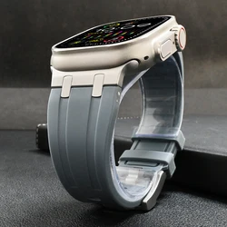 Titanium Color Metal Head Silicone Band for Apple Watch Ultra 2 49mm 45/44/42mm Rubber Strap for Iwatch Series 9 8 7 6 5 4 Se 3