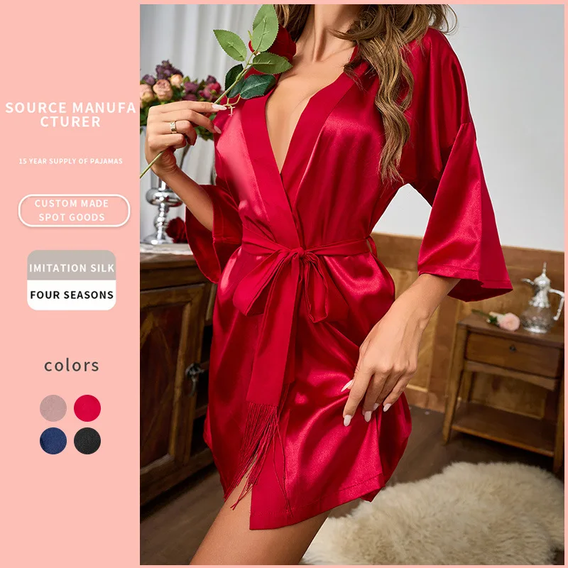 Sexy robe de seda decote em v feminino com cinto, robe curto de quimono de cetim, pijamas, vestido da dama de honra, 2024