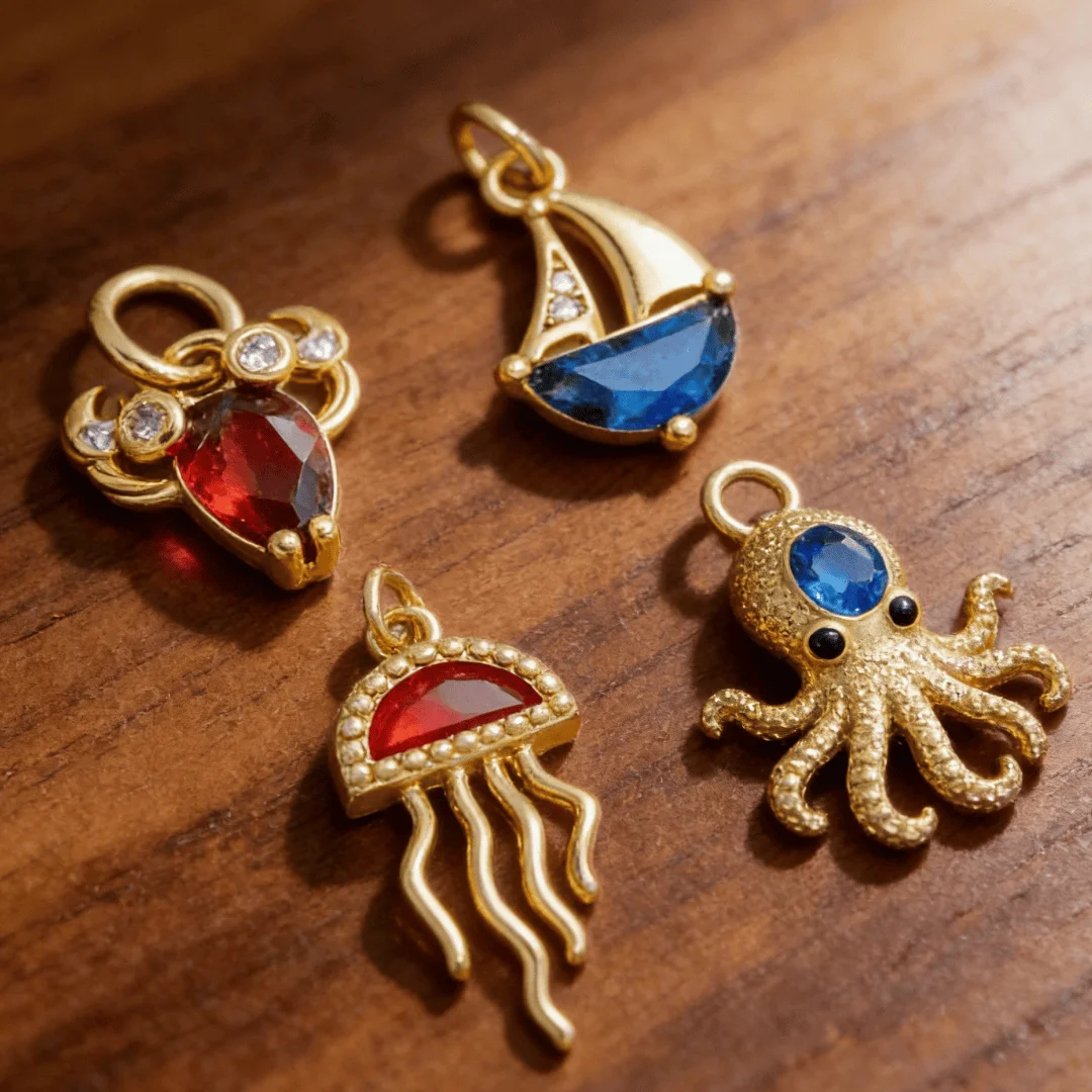 

4Pcs Pendants Brass Ocean Theme Charms Jellyfish Octopus Shrimp Sailboat for DIY Jewelry Necklace Bracelet Accessories Men Women