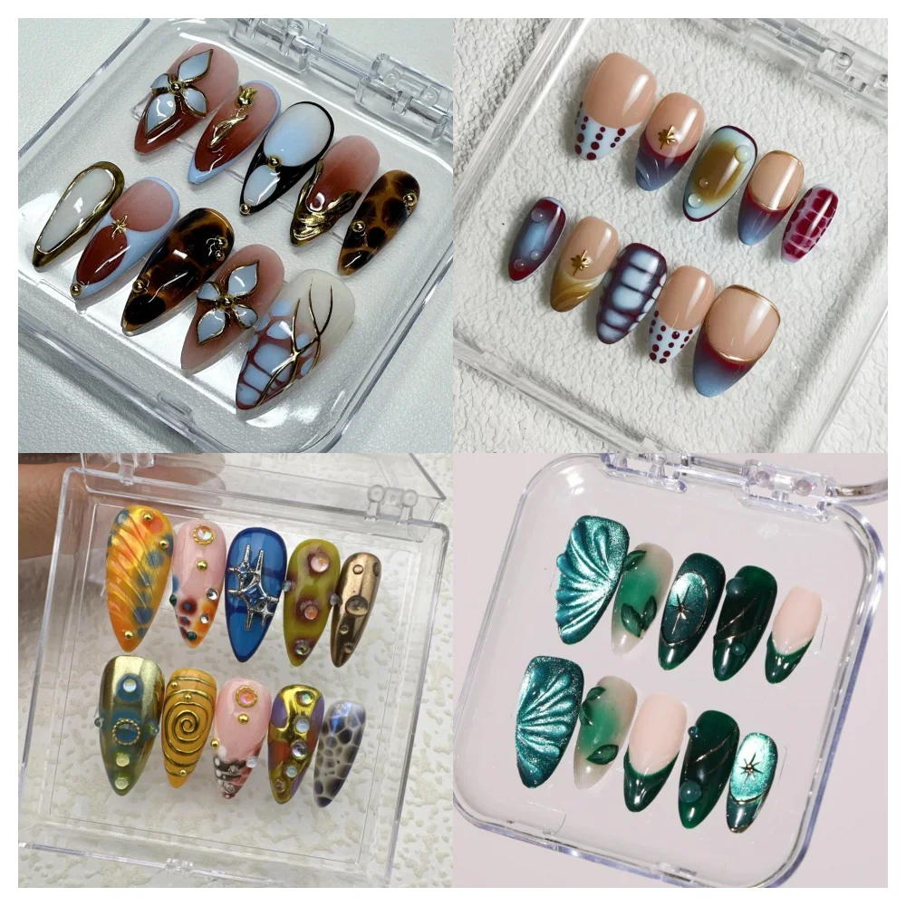

10 Pcs Press On Nails Handmade Almond Fake Nails Painting 3D Floral Design False Nails Reusable Nails Set for Women