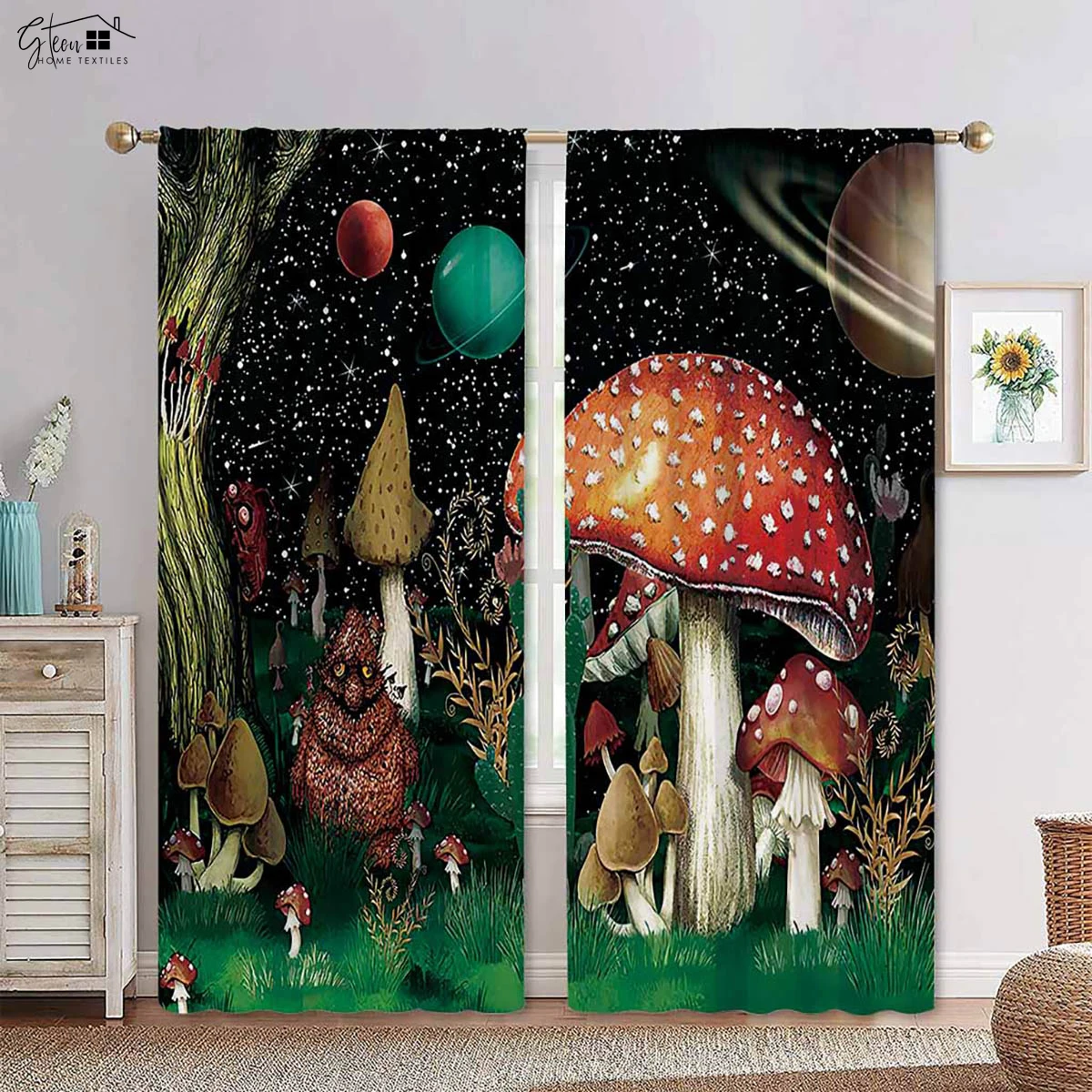 

Mushroom Cute Cartoon Pattern Decorative Curtains Cute Boy Girl Children's Room Easy To Wash And Care 3D Printed Curtains 2PCS