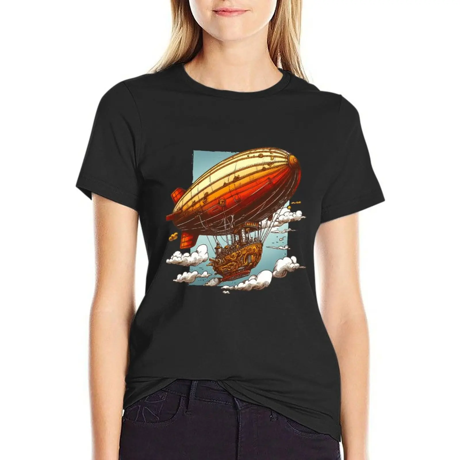 Steampunk Fantasy Airship T-Shirt tops anime clothes t-shirts for Women loose fit