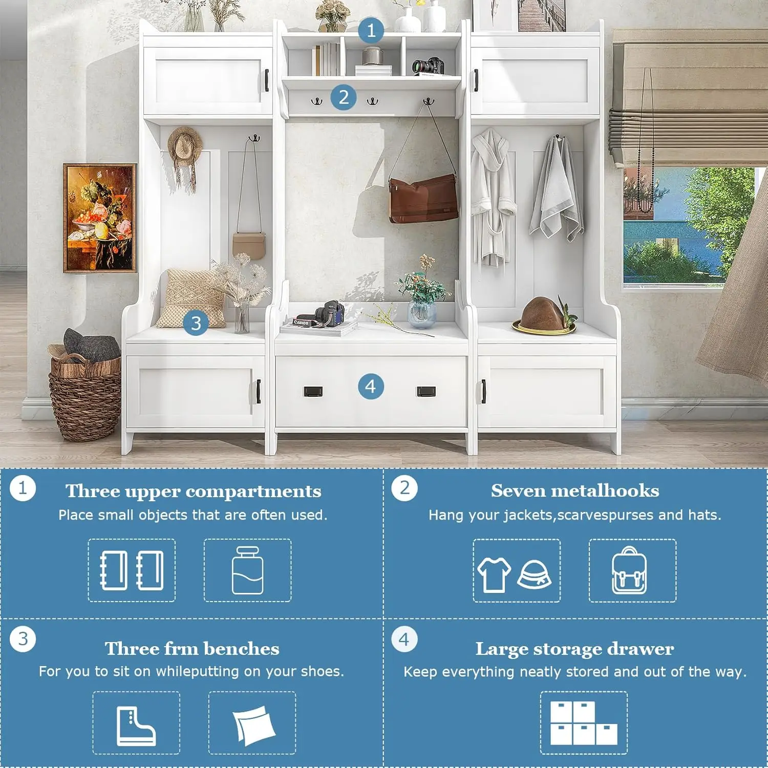 White Hall Tree with Bench & Shoe Storage, Entryway Organizer with 7 Hooks, 4 Cabinets, 1 Drawer, and Open Shelves.