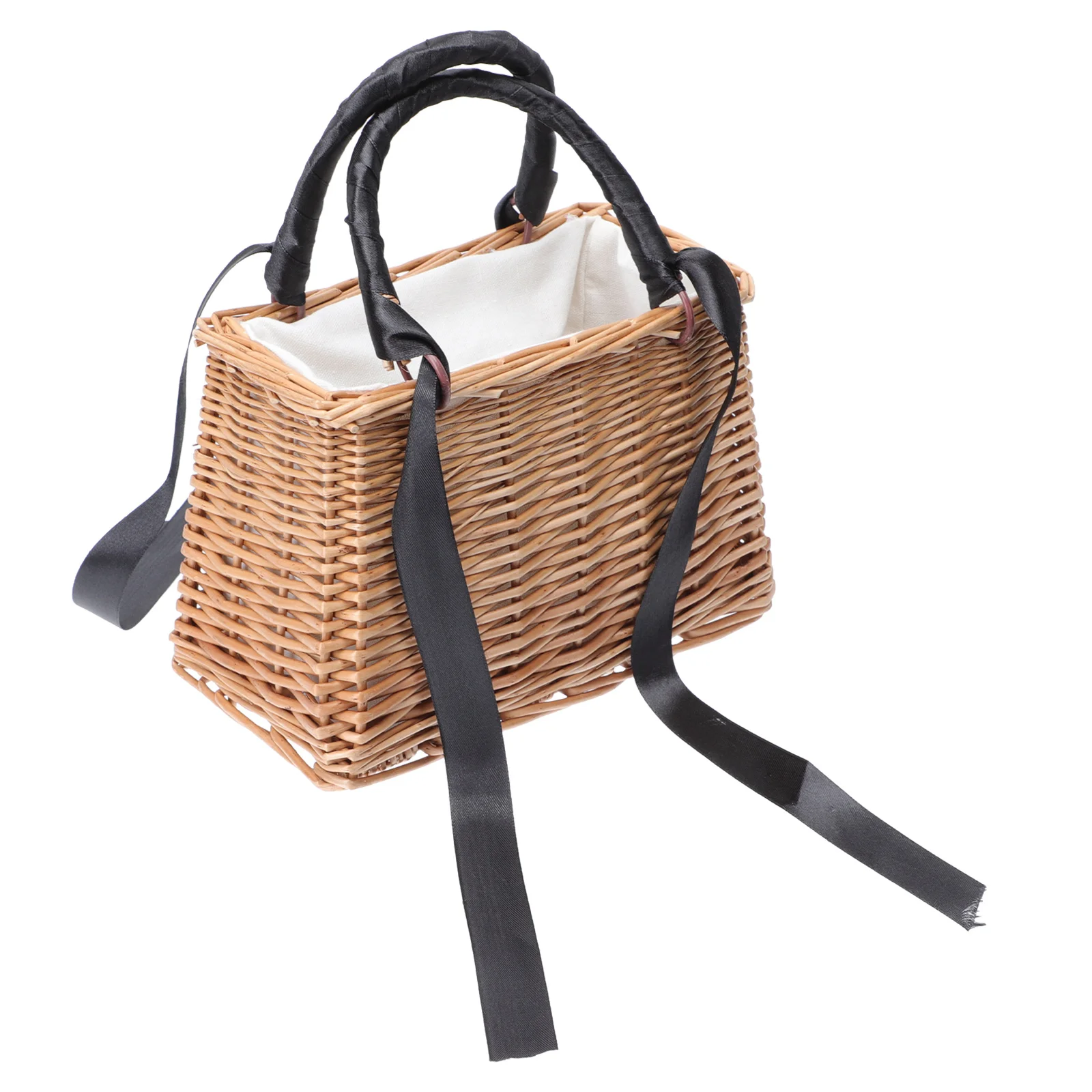 Rattan Flower Basket Black Straw Weave Purse Wood Wicker Gift Storage Container