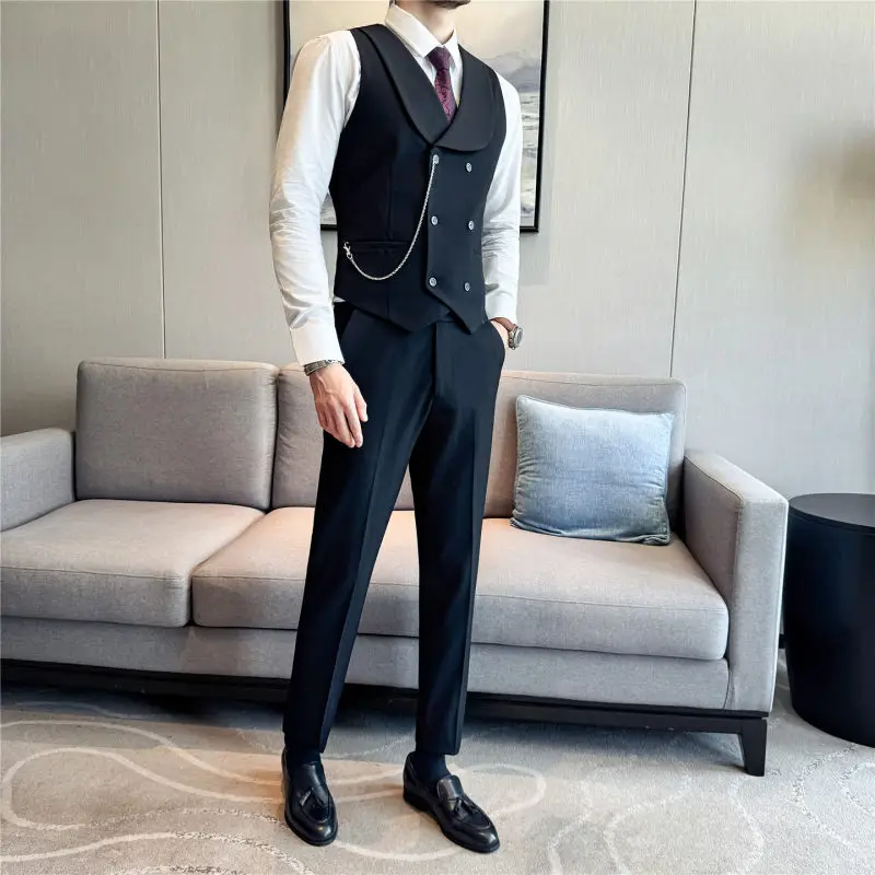

Double-Row Buttoned Busin Casual Wedding Best Man Men's Vest Faionable Slim Fit Polyester Blend Four-Season Wear
