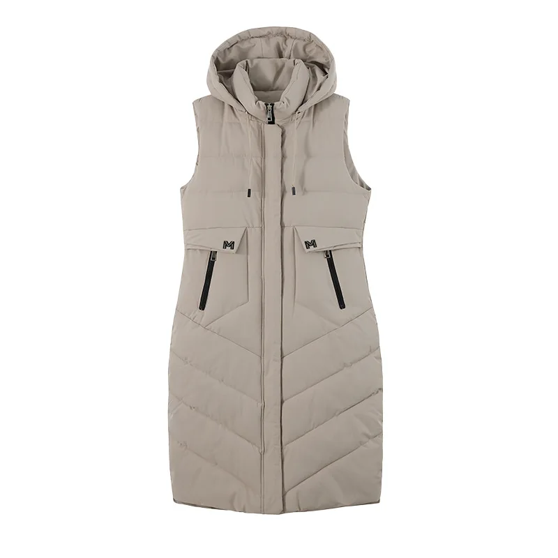 Fall-Winter 2024 New Women\'s Jacket With Long Cotton Waistcoat Vogue Over-The-Knee Hooded Padded Sleeveless Vest Warm Coats