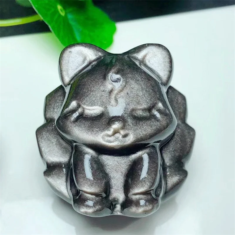 Natural Silver Obsidian Fox Fairy Carving Hole Charm Carving Bead For Jewelry Making Diy Necklace Accessory 36/65MM