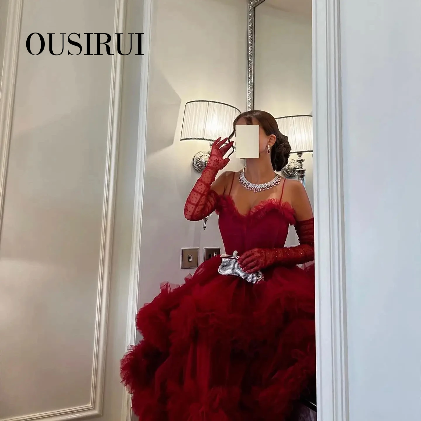 OUSIRUI Burgundy Tulle Tiered Ruffles Evening Dresses with Gloves Pink Spaghetti Straps Wedding Party Gowns فساتين سهره