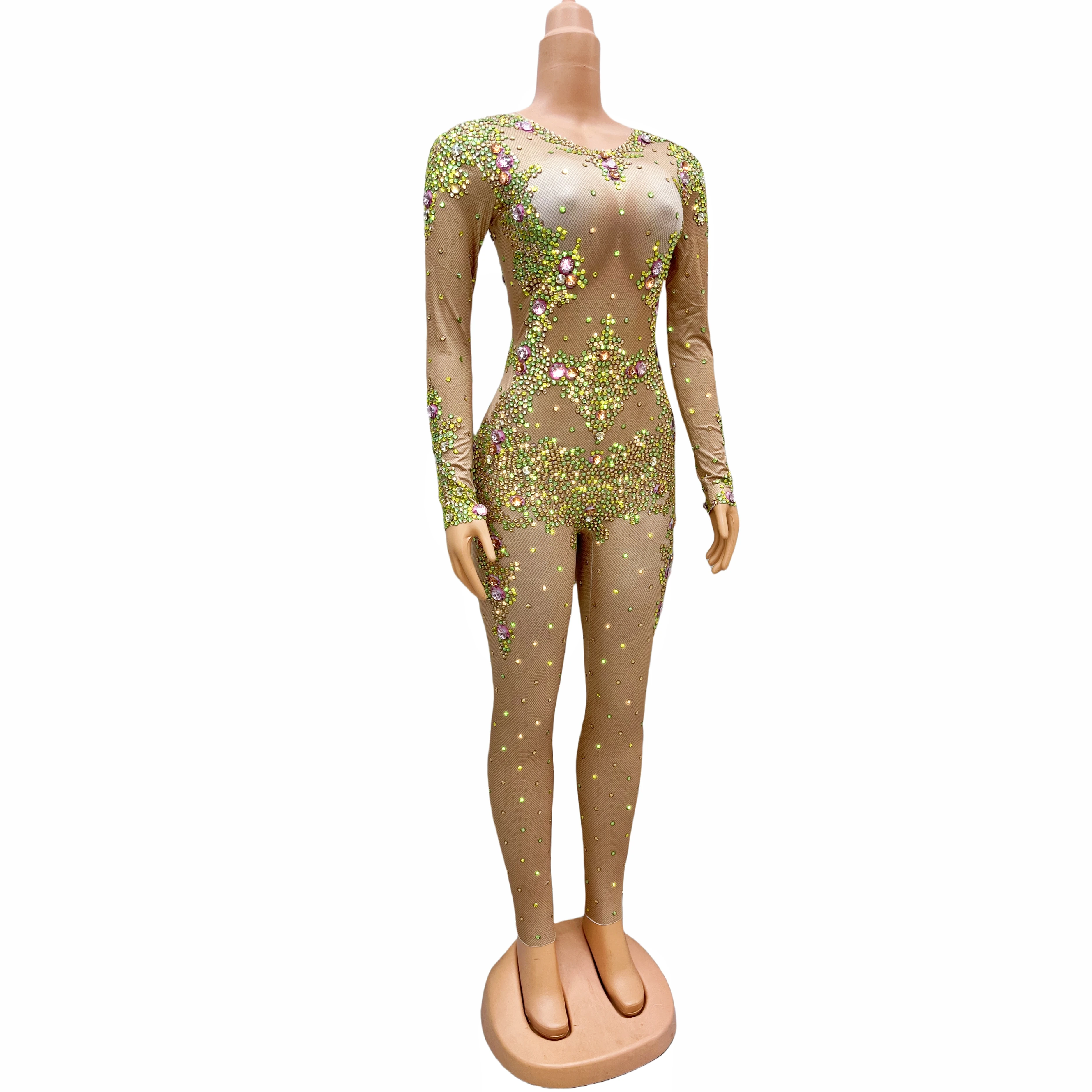 Sexy Nude Gold Rhinestones Bodysuit Spandex Good Stretch Green Jumpsuit Outfit Birthday Party Dance Collections tianyuan