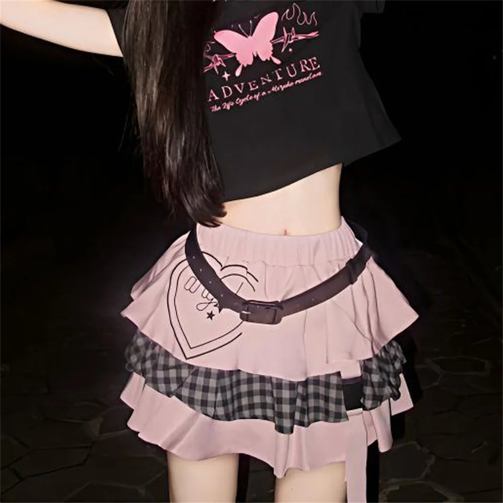 2025 Donne Dolce Volant A Strati Kawaii Lolita Gonna Patchwork Y2K Giapponese Morbido Ragazza A Vita Alta Cutecore Mini Rosa Nero Gonne