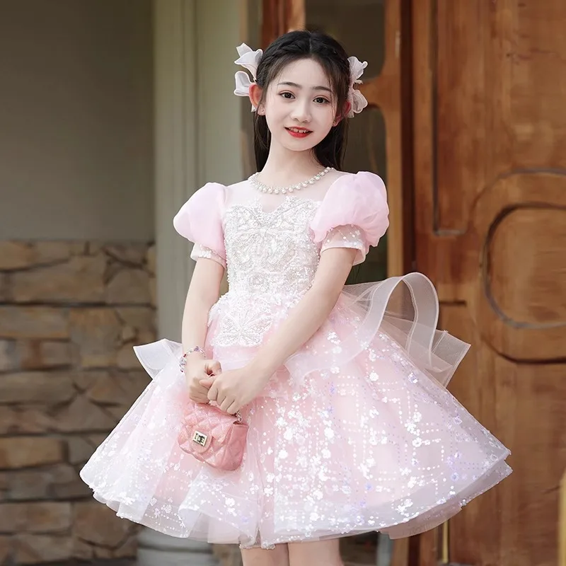 Children Cute Beading Sequins Design Birthday Princess Ball Gown Girls Party Wedding Performances Dress g198