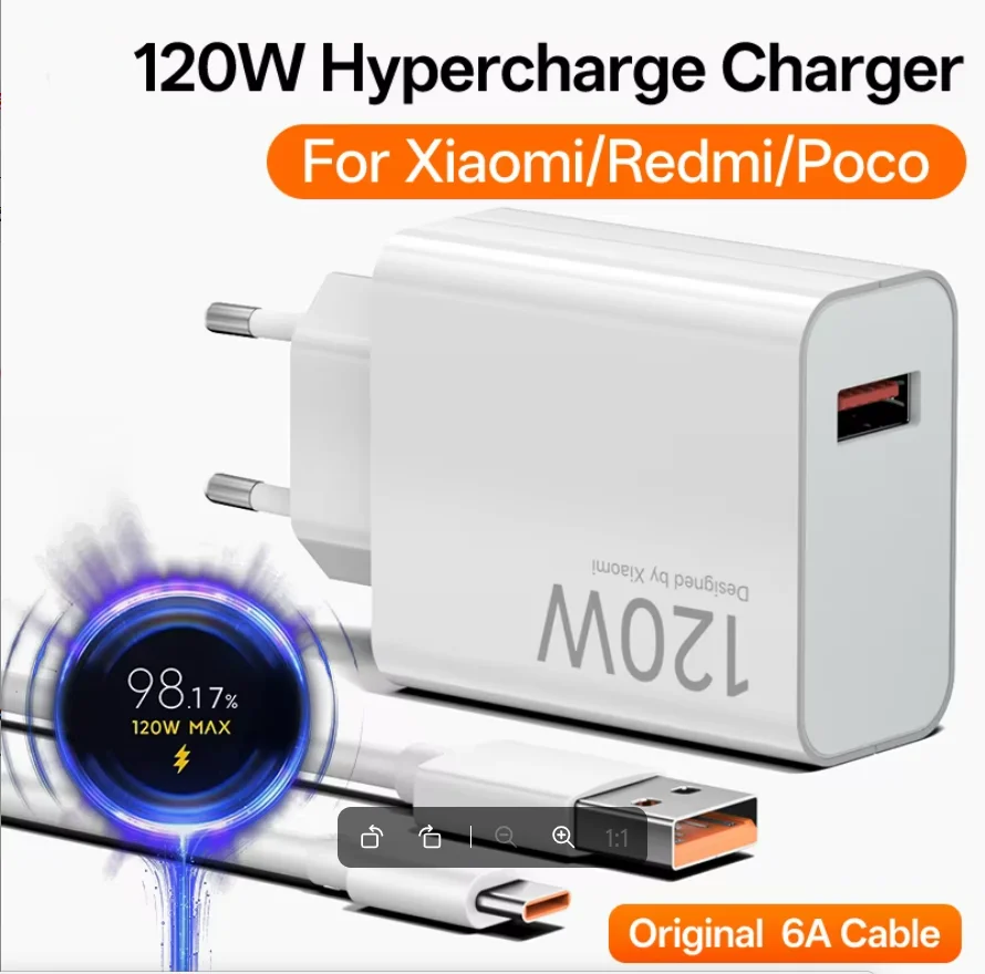 

Зарядное устройство Xiaomi 120W Fast Turbo Charge Hypercharge Adapter для Xiaomi 11 12 13 14 15 Ultra, Redmi Note 11 12, POCO F8 Ultra, X5