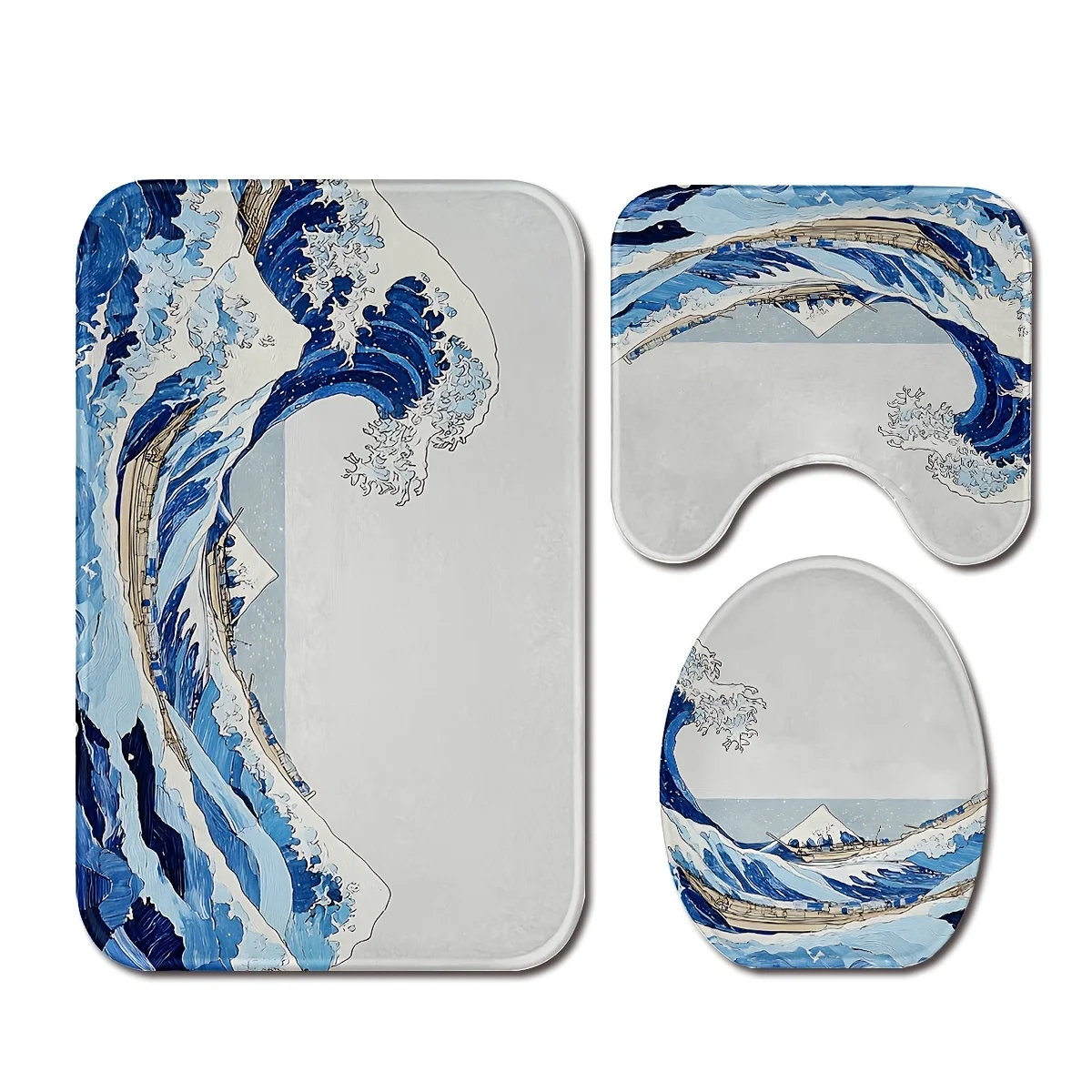 

Декор для ванной комнаты Kanagawa Wave из 3 предметов, полиэфирная ткань, можно стирать в машине, U-образный коврик, нескользящий коврик, чехол на сиденье унитаза