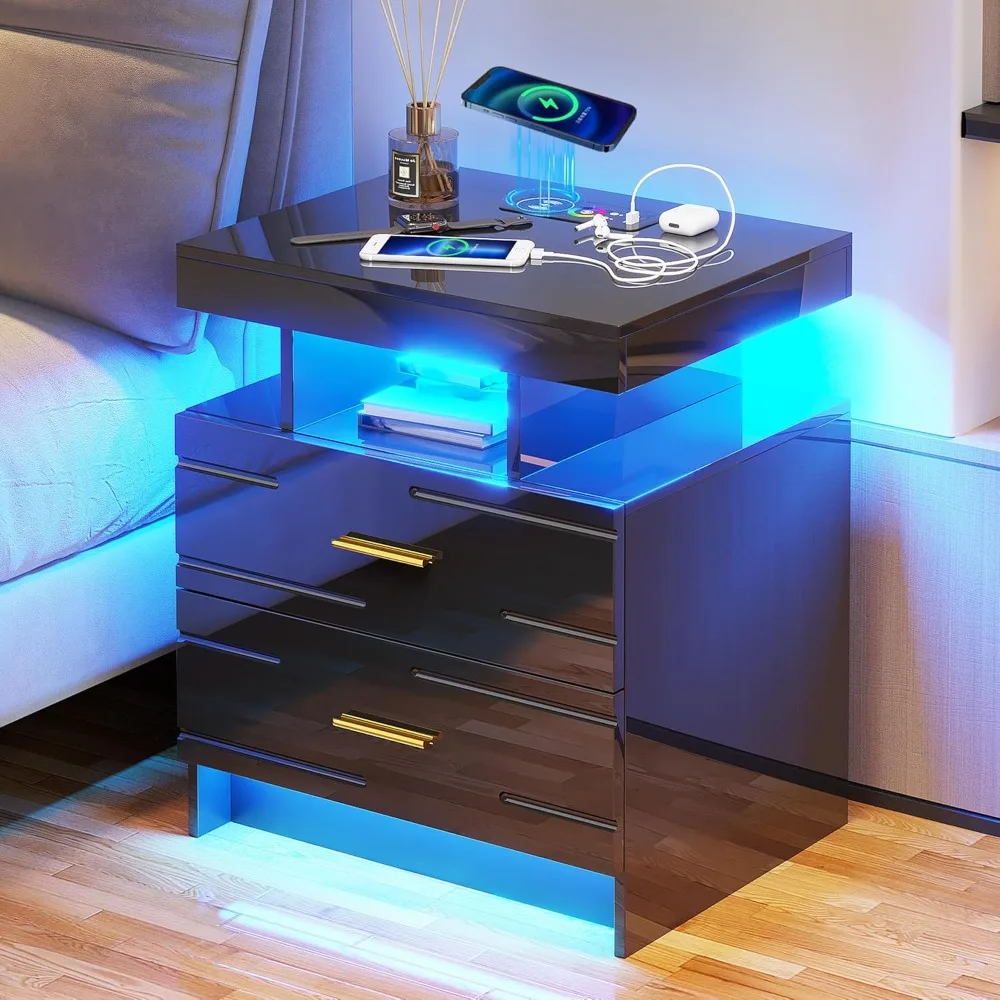 

Black Nightstand with Wireless Charging Station LED Lights Night Stand, Glossy Smart Bedside Table with Open Shelves Storage