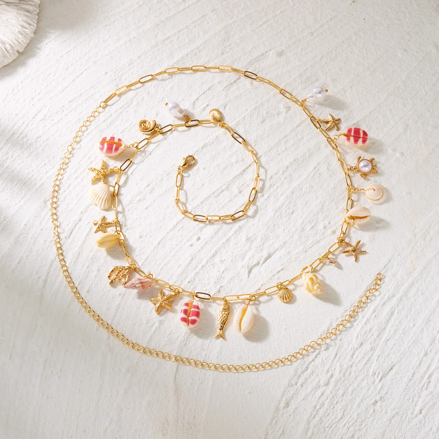 Trendige Y2K Sommer Boho Taillenkette für Damen – Elegante Körperkette mit Imitationsperlen, Muscheln, Seesternen und Conch-Anhängern – Bikini-Schmuck – Detail 5