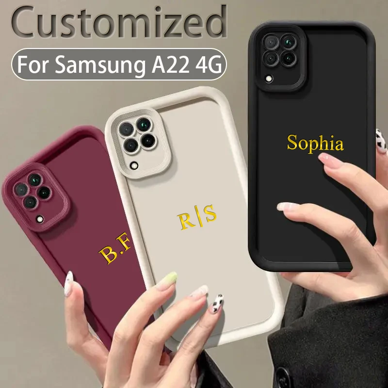 For Samsung Galaxy A22 4G Personalized Custom Name Case A22 DIY Engraved Initials Candy Bumper Shockproof Protective Cover A22