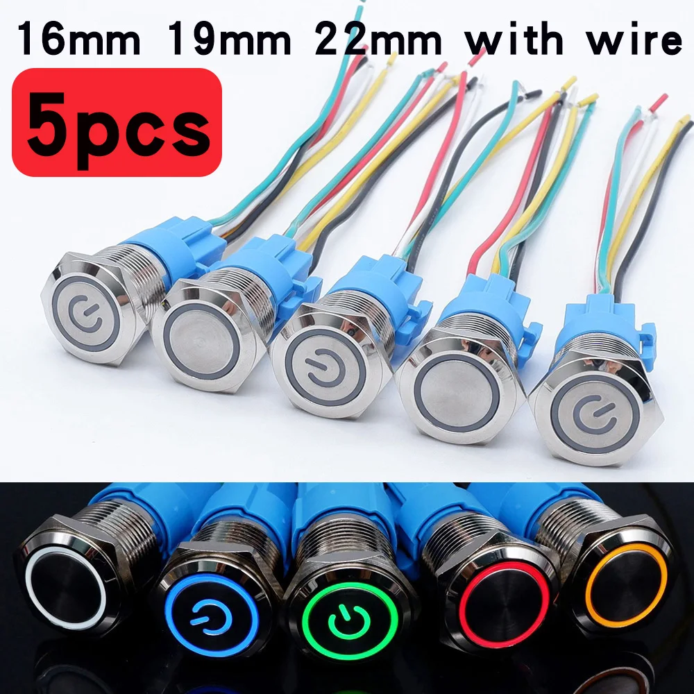 5pcs 16/19/22mm Metal Power Switch Flat Head With Connector LED Light Momentary Lock Button Car Start Switch 5v 12v 24v 220v Red