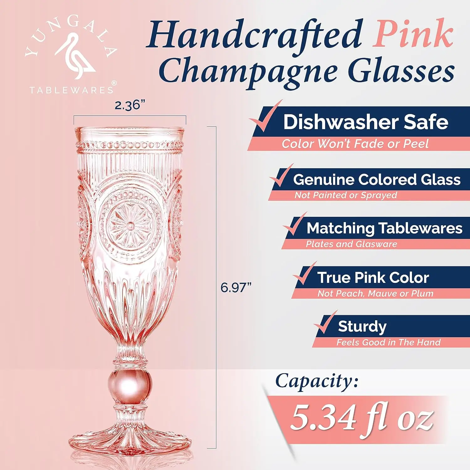 مجموعة نظارات الشمبانيا الوردية مكونة من 6 قطع، آمنة للاستخدام في غسالة الأطباق، مزامير على الطراز العتيق #2