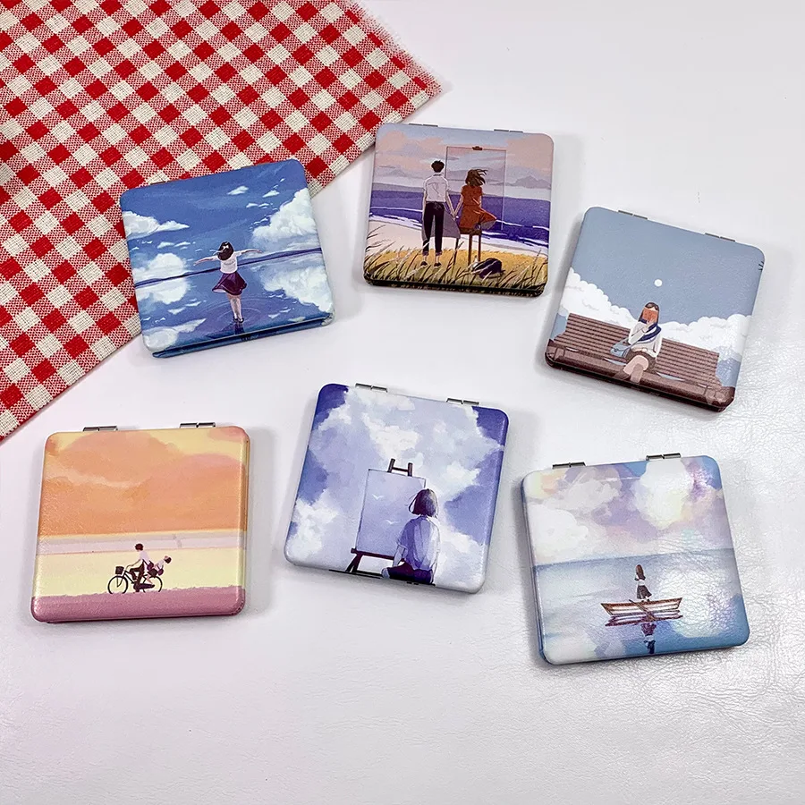 미니 메탈 메이크업 미러 만화 패턴 확대 접이식 더블 포켓 여행용 뷰티 화장 도구