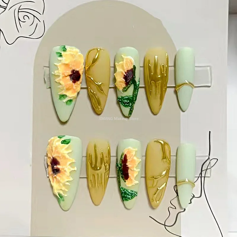 

Three-Dimensional Sunflower Design Press On Nails Handmade French Style False Nails Tips Short Reusable Fake Nail With Glue Gift