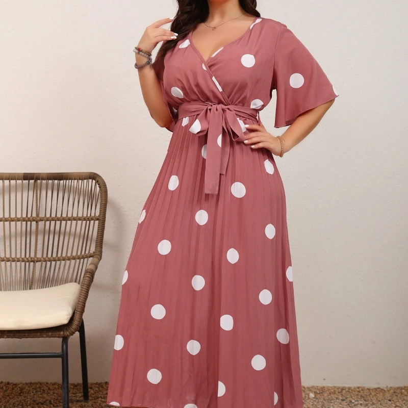 

Plus Size Women's Polka Dot Print Summer V-Neck Maxi Dress Casual Boho Beach Pleated Sundress Ladies Short Sleeve Long Dresses