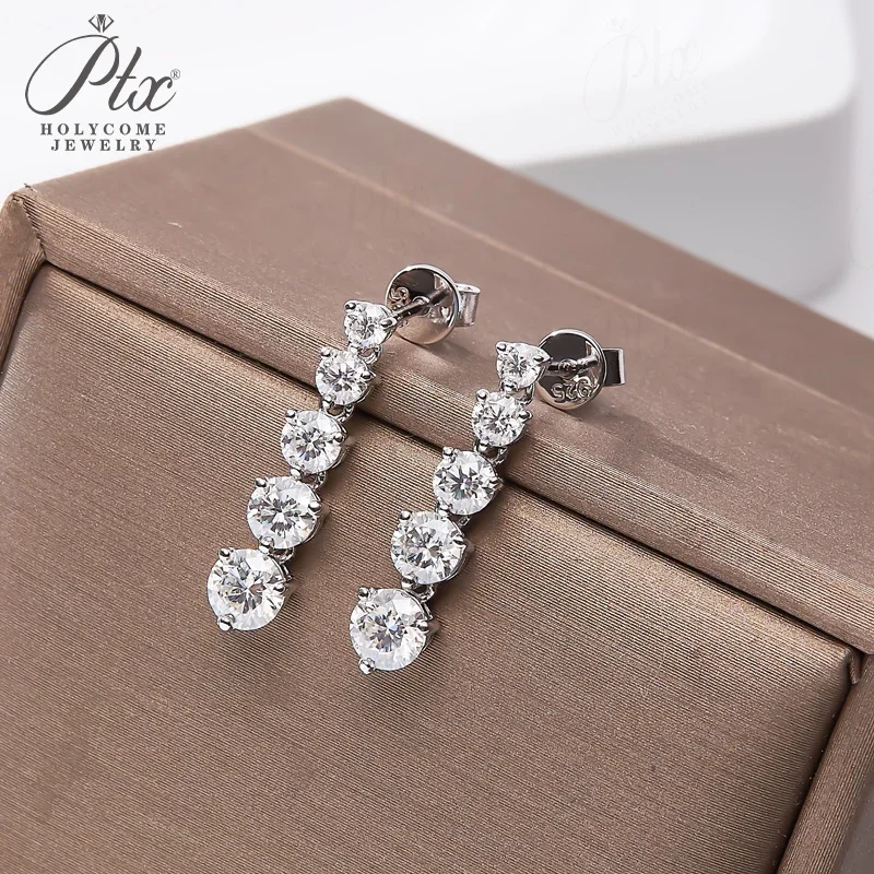 

TEN STONES Ear Stud Piercing Earrings Round Shape Moissanite 925 Sterling Silver Tassel Pendant Jewelry for Woman Hypoallergenic