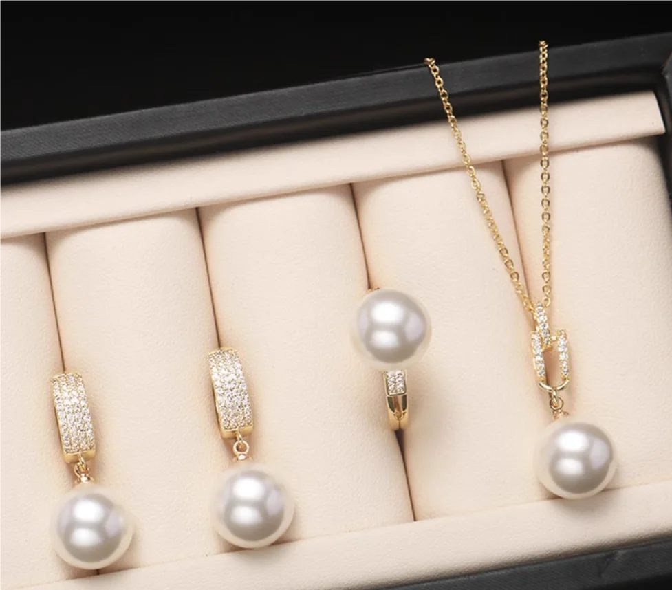 

Beautiful Nanhai Round Pearl AAA11-12mm Pearl Pendant 18 inches+Earring Opening Ring Set 925S