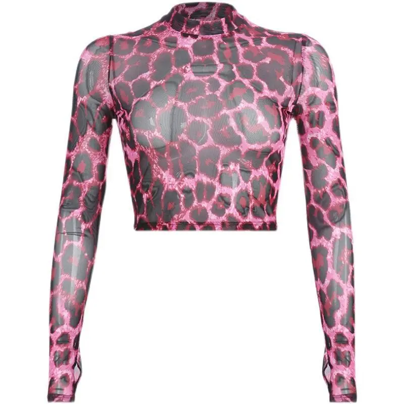 أزياء ليوبارد طباعة تي شيرت قصير مثير سليم المحاصيل الأعلى المرأة الربيع الصيف بأكمام طويلة منظور واقية من الشمس الشارع الملابس #5