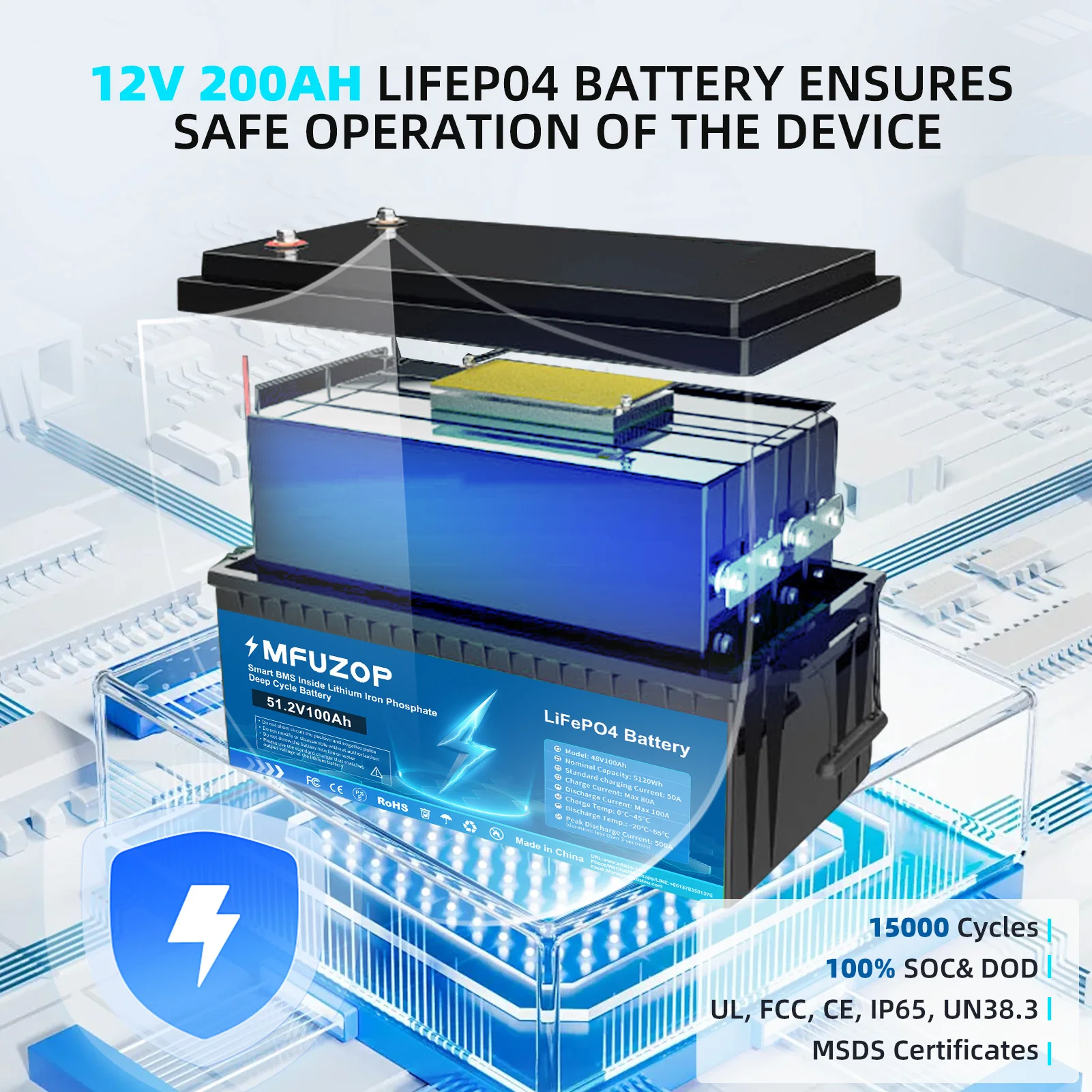 DATOUBOSS 48V LiFePO4 Bateria 100Ah 5120W Bateria de fosfato de ferro e lítio BMS embutido para barco solar ao ar livre NoTax Transporte rápido