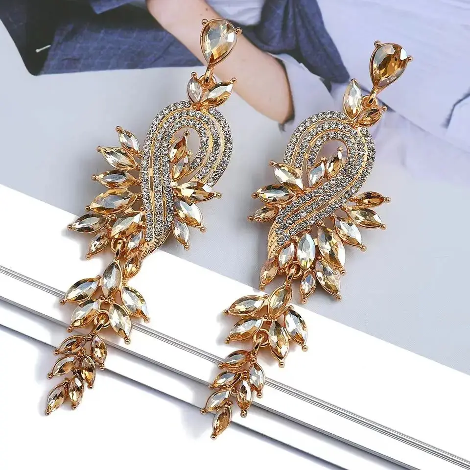 Design Dangle Earrings For Women Girl Luxury Elegant Metal Hollow Chain Leaves Crystal Pendant Jewelry Ear Accessories image 4