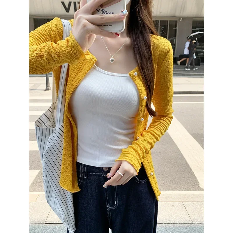 Yellow Round Collar Knitted Cardigan Women's Early Autumn Thin Edition Mushroom Edge Design Temperament Coat Exquisite Top