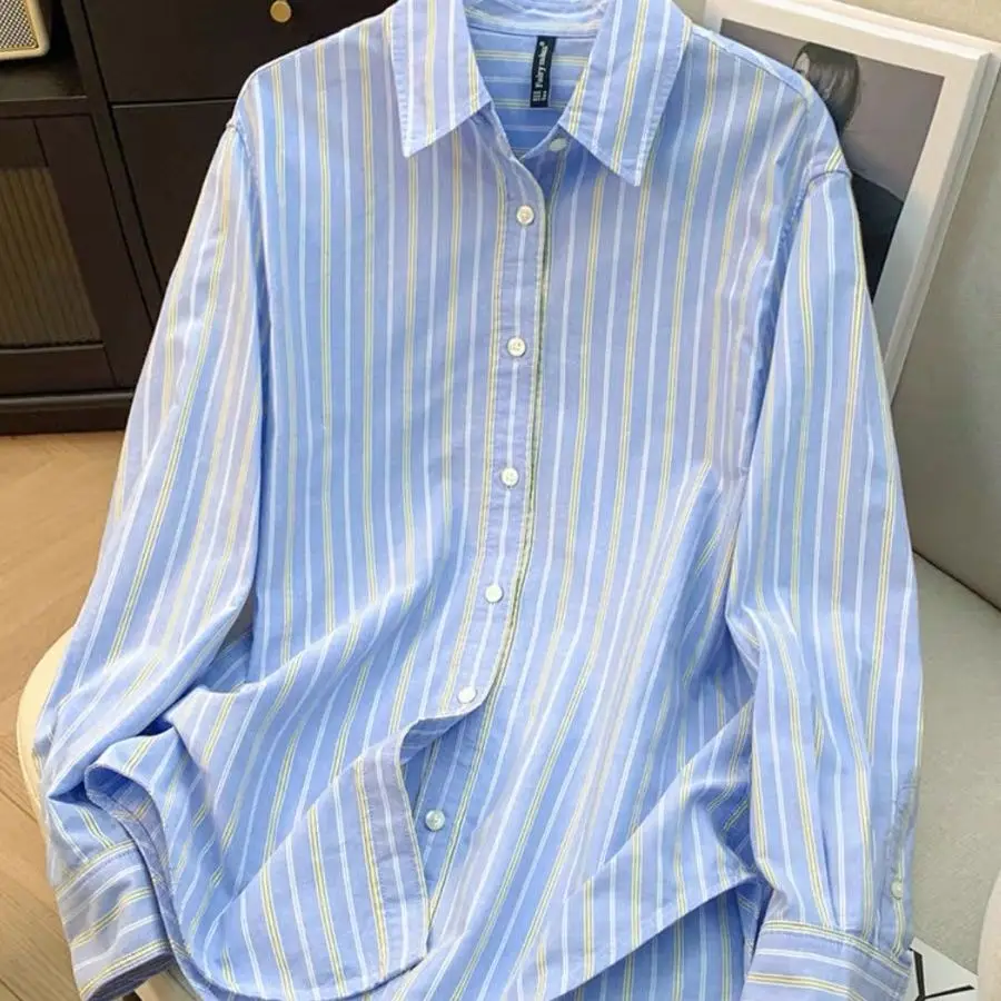 

Повседневная хлопковая полосатая рубашка, женская свободная блузка с длинным рукавом, модный антивозрастной топ в корейском стиле, весна-осень, новый стиль, универсальный.