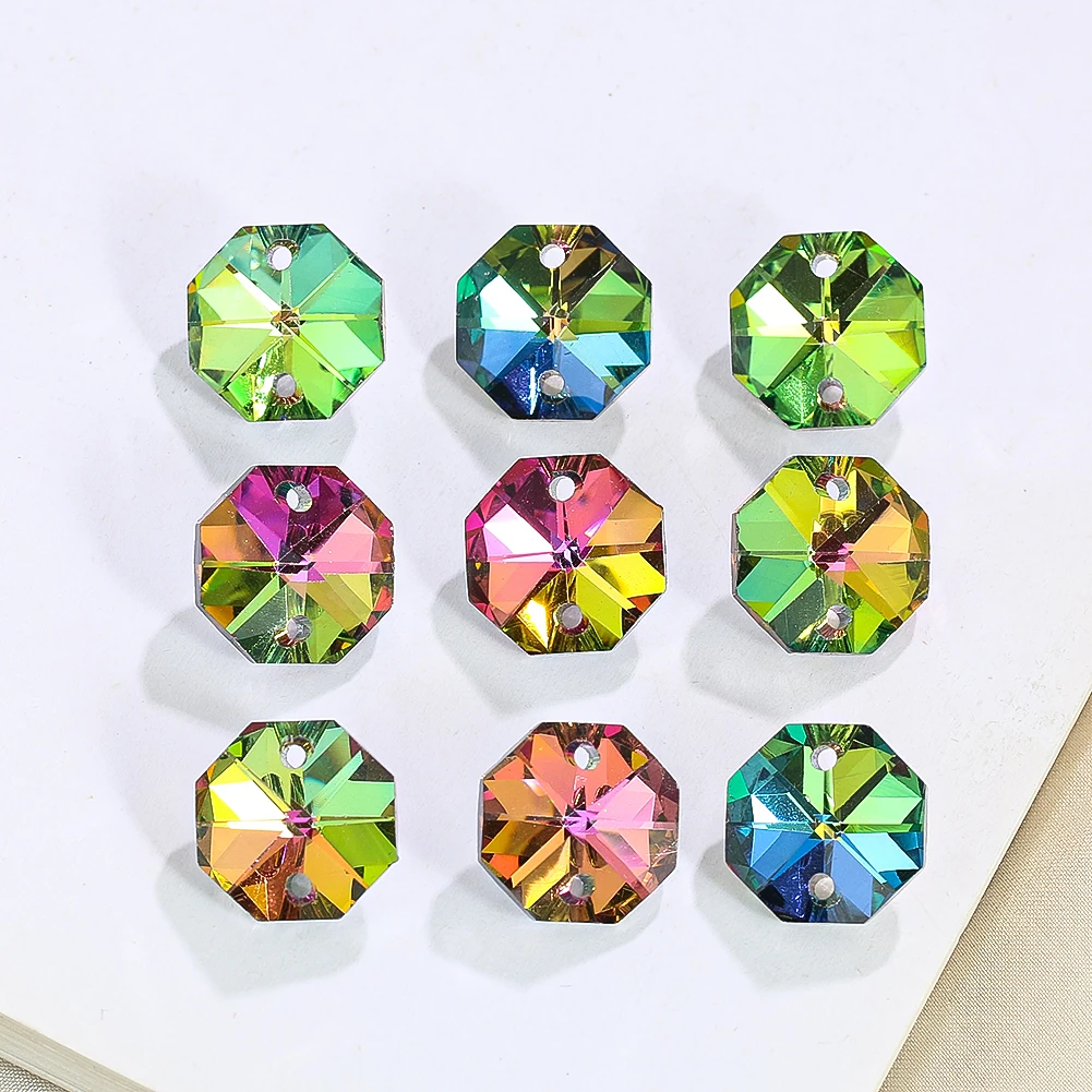 10PC 14mm arcobaleno Aurora prisma Laser ottagonale cristallo doppio foro distanziatore perline collana orecchino ciondola gioielli fanno parti