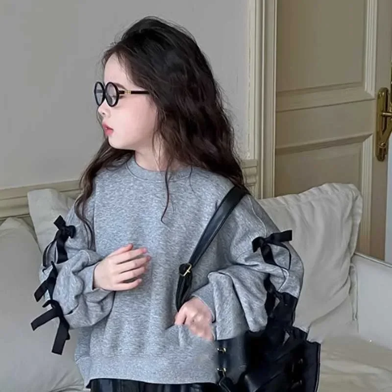 2026 Girls Sweatshirt Autumn and Winter New Style Girls' Puff Sleeved T-shirt Top Bow Fashion Outerwear Coat Baby Girl Clothes